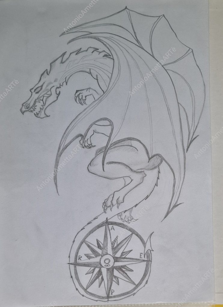 Drago volante che avvolge nella coda una rosa dei venti