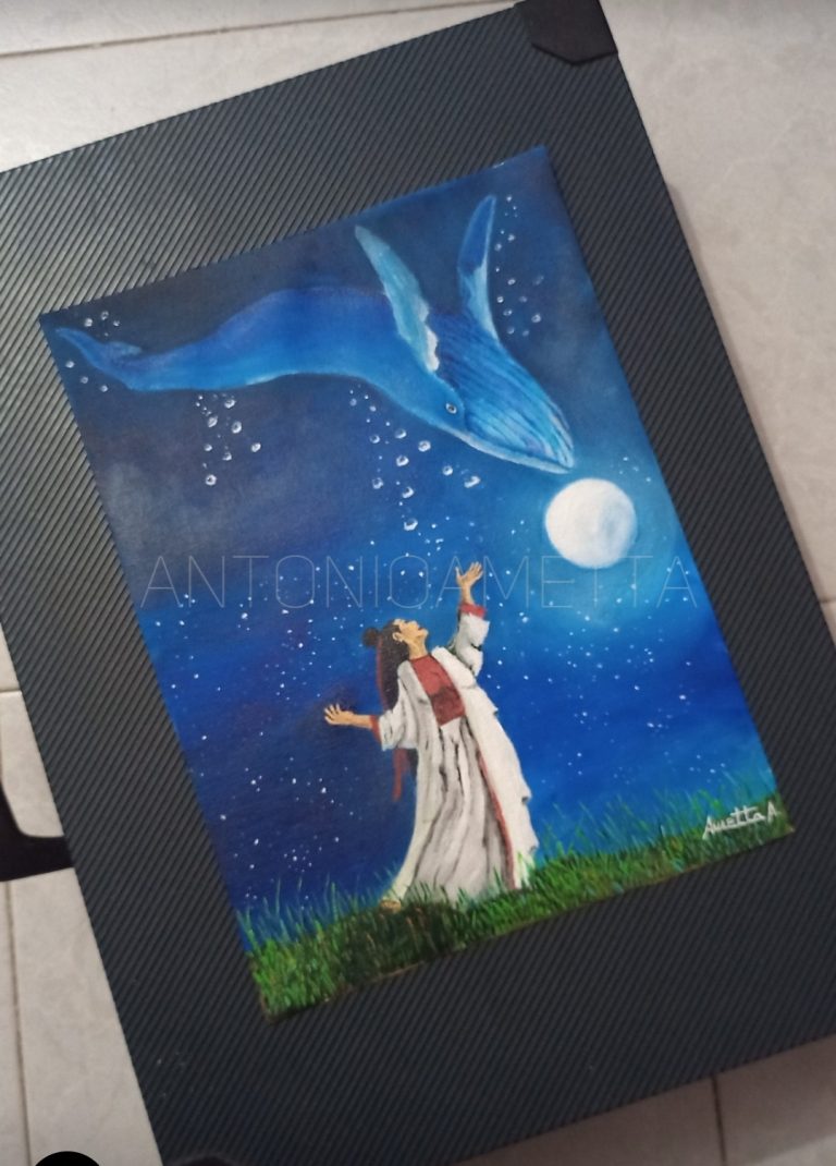 donna che gioca con una balena nel cielo stellato al chiaro di luna