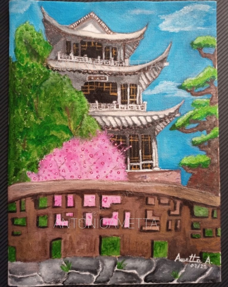 tempio cinese in una primavera piena di colori e di fiori